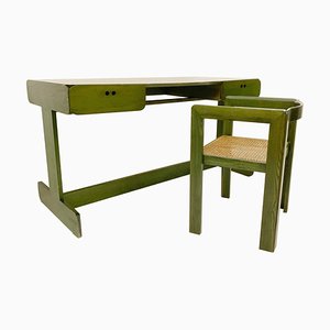 Mid-Century Dutch Green Desk & Chair in Wood by Derk Jan de Vries, 1960s, Set of 2