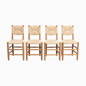 Mid-Century Modern Holz & Rattan Nr. 19 Stühle von Charlotte Perriand, 4er Set