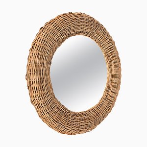 Mid-Century Modern Italian Round Wicker and Rattan Wall Mirror in the Style of Franco Albini, 1970s