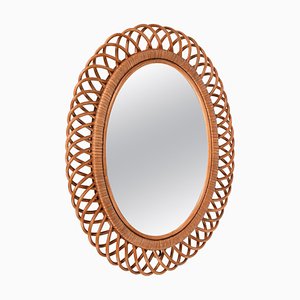 Mid-Century Italian Oval Curved Rattan and Bamboo Double Framed Mirror, 1960