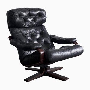 Mid-Century Scandinavian Black Leather Swivel Armchair with Armrests