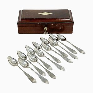 Scatola da cucchiaio antica in legno con 12 cucchiai in argento