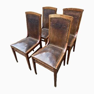 Antique Austrian Art Nouveau Leather Dining Chairs, 1900s, Set of 4