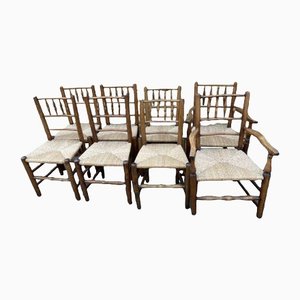 Antique Rush Seated Ladderback Elm Kitchen Dining Chairs, 1880s, Set of 8