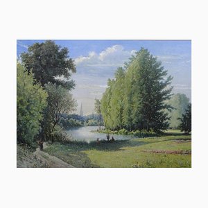 Leconte De Roujou, Park Landscape Painting, 1888, Watercolor & Oil on Paper