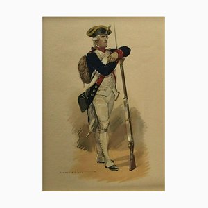 Edmond Lajoux, Portrait d'Officier avec Fusil, 19ème Siècle, Aquarelle & Gouache sur Papier