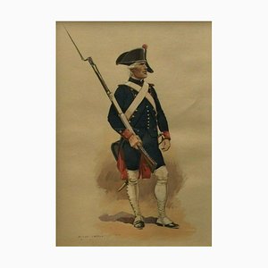 Edmond Lajoux, Portrait d'Officier avec Fusil, 19ème Siècle, Aquarelle & Gouache sur Papier