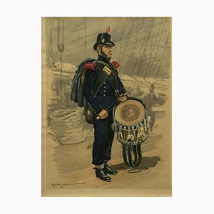 Edmond Lajoux, Portrait of Officer with Rifle, 19th-Century, Watercolor & Gouache on Paper