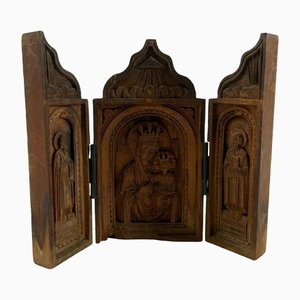 Geschnitztes Holz Triptychon mit Madonna, Kind und Apostel Dekor
