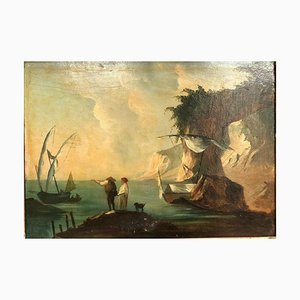 Italian Neapolitan Fishermen & Boat Scene, 19th-Century, Oil on Panel, Framed