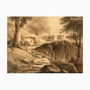 Jean Jacques Champin, Character Scene & Landscape, 19th-Century, Ink on Paper