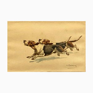 Charles Fernand De Condamy, Basset Hound Painting, Late 19th-Century, Watercolor on Paper
