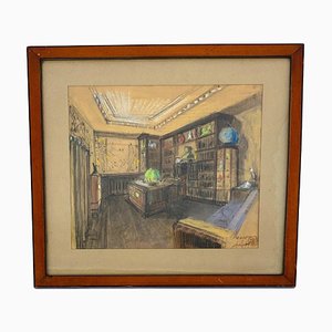 Andre Brif, Interior Library Drawing, 1925, Watercolor on Paper, Framed