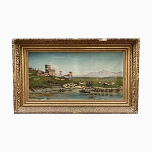 Alessandro Luzzi, Mountains and Boats, 19th-Century, Oil on Canvas, Framed