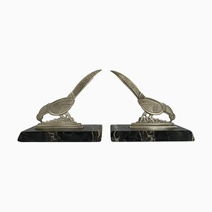 Art Deco Pheasants Bookends in Silver and Metal with Marble Plinth, 1930s, Set of 2