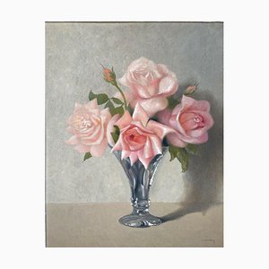 Paul Seston, Bouquet de Roses, 20ème Siècle, Huile sur Panneau, Encadrée