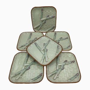 Square Emile Galle Flat Plates with Asparagus Motif from Saint Clement, Set of 6