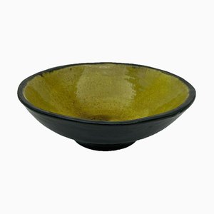 Round Flat Yellow & Black Ceramic Bowl by Carlos Fernandez, 1951