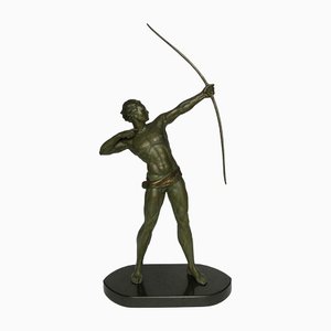 Art Deco Sculpture of Archer in Regule with Green Patina and Black Marble