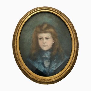 Portrait eines jungen Mädchens in blauer Tracht, spätes 19. Jh., Pastell auf Leinwand, gerahmt