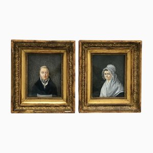 Peintures Portrait d'un Couple, 19ème Siècle, Huile sur Papier, Encadrée, Set de 2