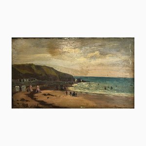 H Robert, Scene of Seaside and Swimmers, 1900, Oil on Panel