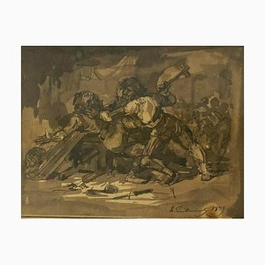 Armand Guilleminot, escena de batalla, 1899, dibujo, enmarcado