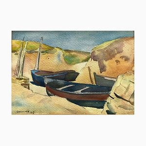 Fernand Alberic Daucho, Barcos varados, 1947, óleo sobre papel