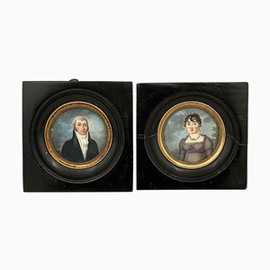 Miniature Portrait Paintings, 19th-Century, Oil on Paper, Framed, Set of 2