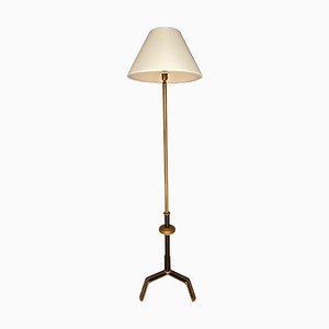Brass & Leather Stitching Floor Lamp by Jacques Adnet, 1960s