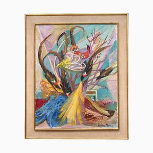 Helene Marre, Bird & Tree Painting, 20th-Century, Oil on Canvas, Framed