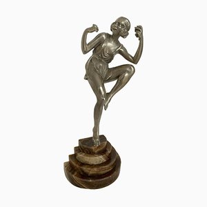 Art Deco Silvered Bronze Dancer on Marble Base by Pierre Laurel, 1930