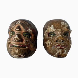 Japanese Miniature Theater Masks Polychrome Wood, Set of 2