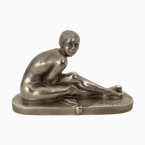 Art Deco Bronze Argente Hockende Frau die Überraschung von De Possesse, 1930er