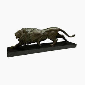 Lion Art Déco en Bronze sur Marbre Noir par E Guy, 1930