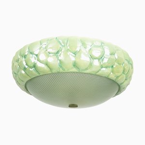 Green Iridescent Ceramic, Optical Glass & Brass Flush Mount or Wall Lamp, 1950s