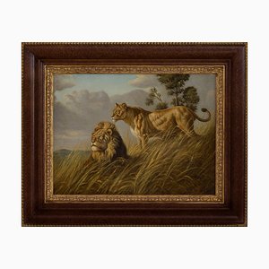 Mark Majer, Couple of Lions, Italia, años 90, óleo sobre lienzo, enmarcado