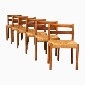 Low Back Oak & Wicker Dining Chairs, 1970s, Set of 6