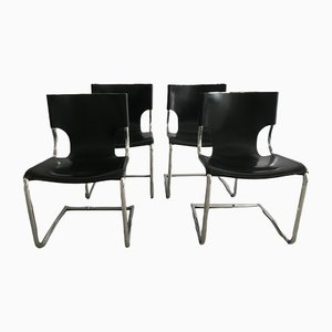 Mid-Century Italian Modern Black Leather Model 920 Cantilever Chairs by Carlo Bartoli, 1970s, Set of 4