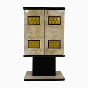 Italian Art Deco Parchment, Black Lacquer & Gold Murano Glass Bar Cabinet, 1940s