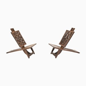 Geometric Carved Low Slung Tribal Palaver Chairs, 1960s, Set of 2