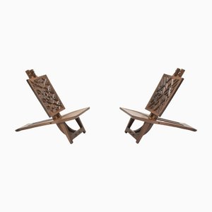 Set of Geometric Carved Low Slung Tribal Palaver Chairs, 1960s