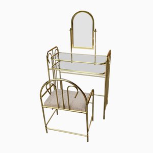 Vintage Dressing Table and Stool in Brass, 1950s, Set of 2