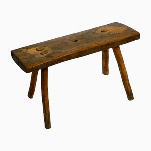 Mid-Century Oblong Four-Legged Solid Oak Stool With Patina, 1940s