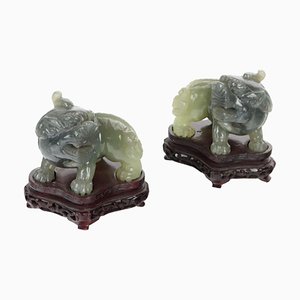 Statuette di leoni cinesi in giada, set di 2