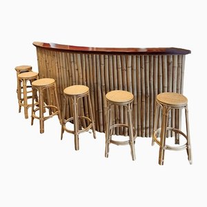 Mueble bar Tiki vintage de bambú. Juego de 7