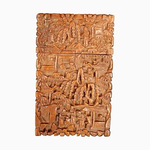 Antiker chinesischer Pagoden Szene of Life Kartenhalter aus geschnitztem Holz
