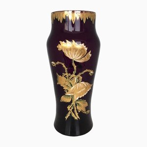 Vaso Art Nouveau viola con decorazioni floreali smaltate