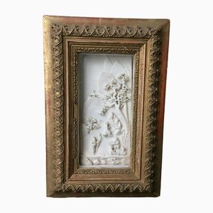 Sculpted Panel with Asian Village Scene in Wooden Frame