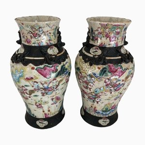 Antique Chinese Vases in Porcelain with Nanjing Decor Battle, Set of 2